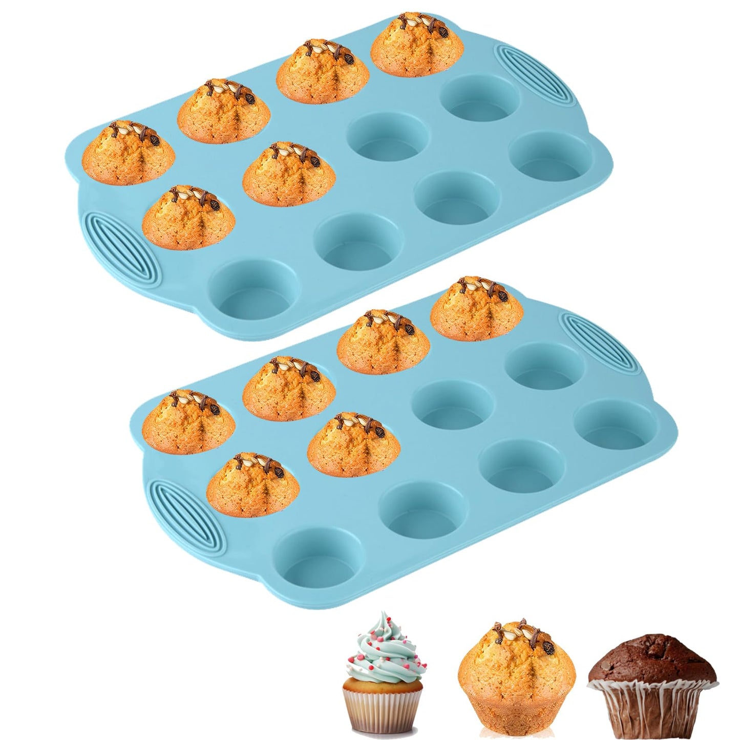 DIYOHFE 2 Pack Silicone Muffin Pan - 12 Regular Size Cups Muffin Pan, Non-Stick Cupcake Pan Great for Homemade Muffins,Cupcakes, Muffin Cakes, Oven and Dishwasher Safe BPA Free（Blue）