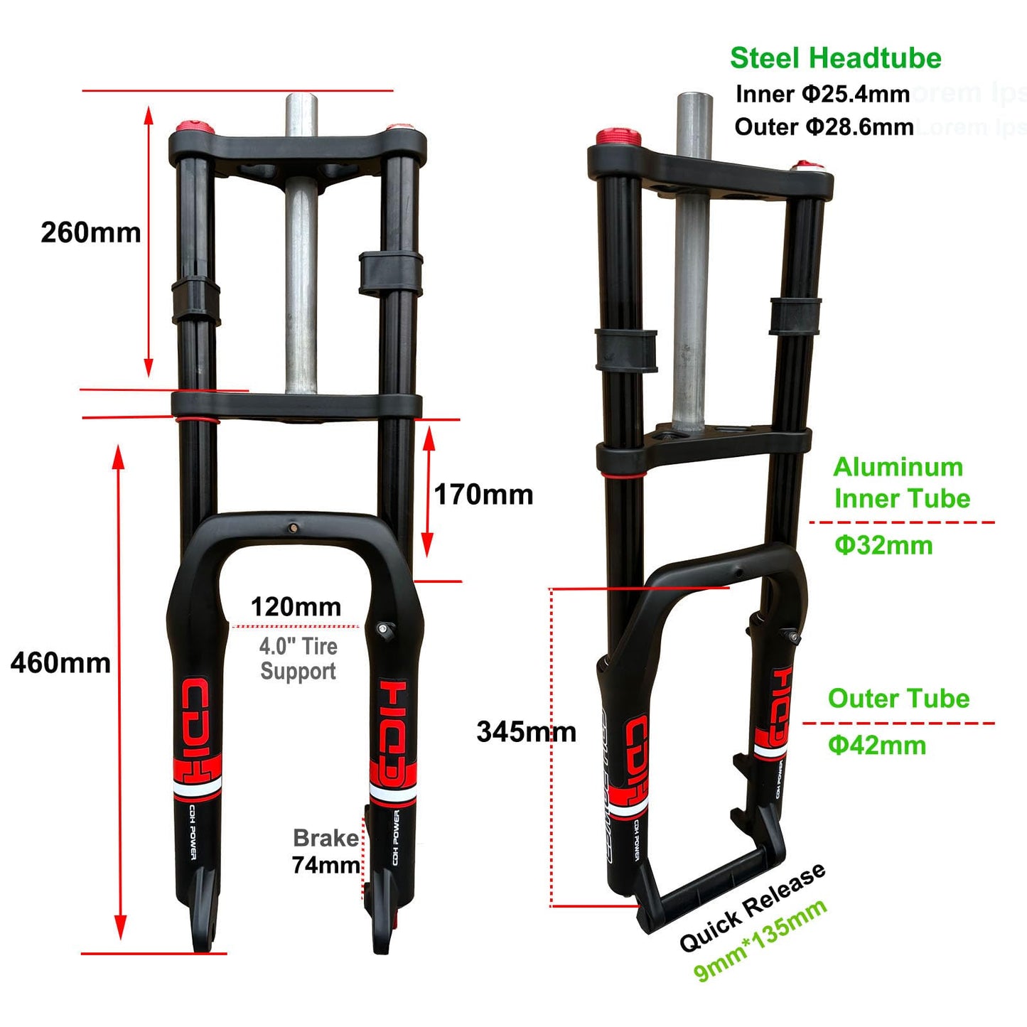 AUTES 20 inch 4.0" Fat Tire Electric Bike Air Suspension Fork, Spacing Hub 135mm 1 1/8 Straight Tube MTB Manual Lockout 9mm QR Mountain Bike Double Shoulder Ebike Front Forks(20"×4")