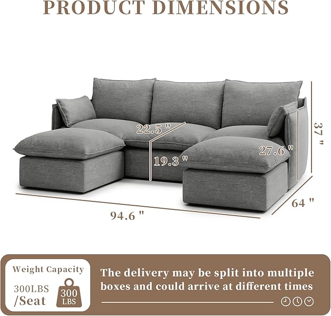 Gtilzria Waterproof Cloud Sectional Couches for Living Room,High Backrest Down Filled Couch,5 Seater Oversized Modular U-Shaped Sofas,Detachable Sofa Covers,Dark Grey