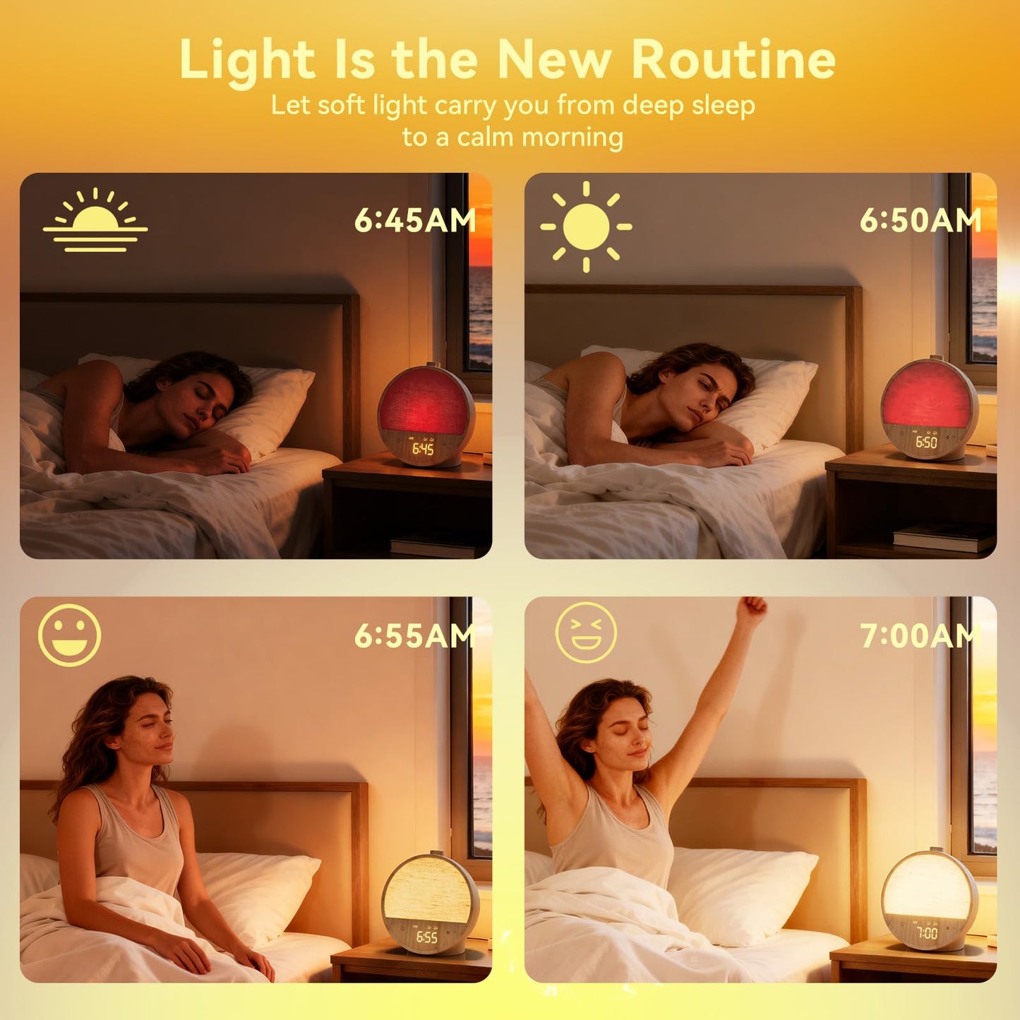 Vivilumens Wood Grain Sunrise Alarm Clock, Gentle Wake-Up Light Sound Machine, Dual Alarms for Heavy Sleepers, Natural Sounds, RGB Mood Light, Dimmable Bedside Night Lamp, Ideal for Bedroom & Gifts