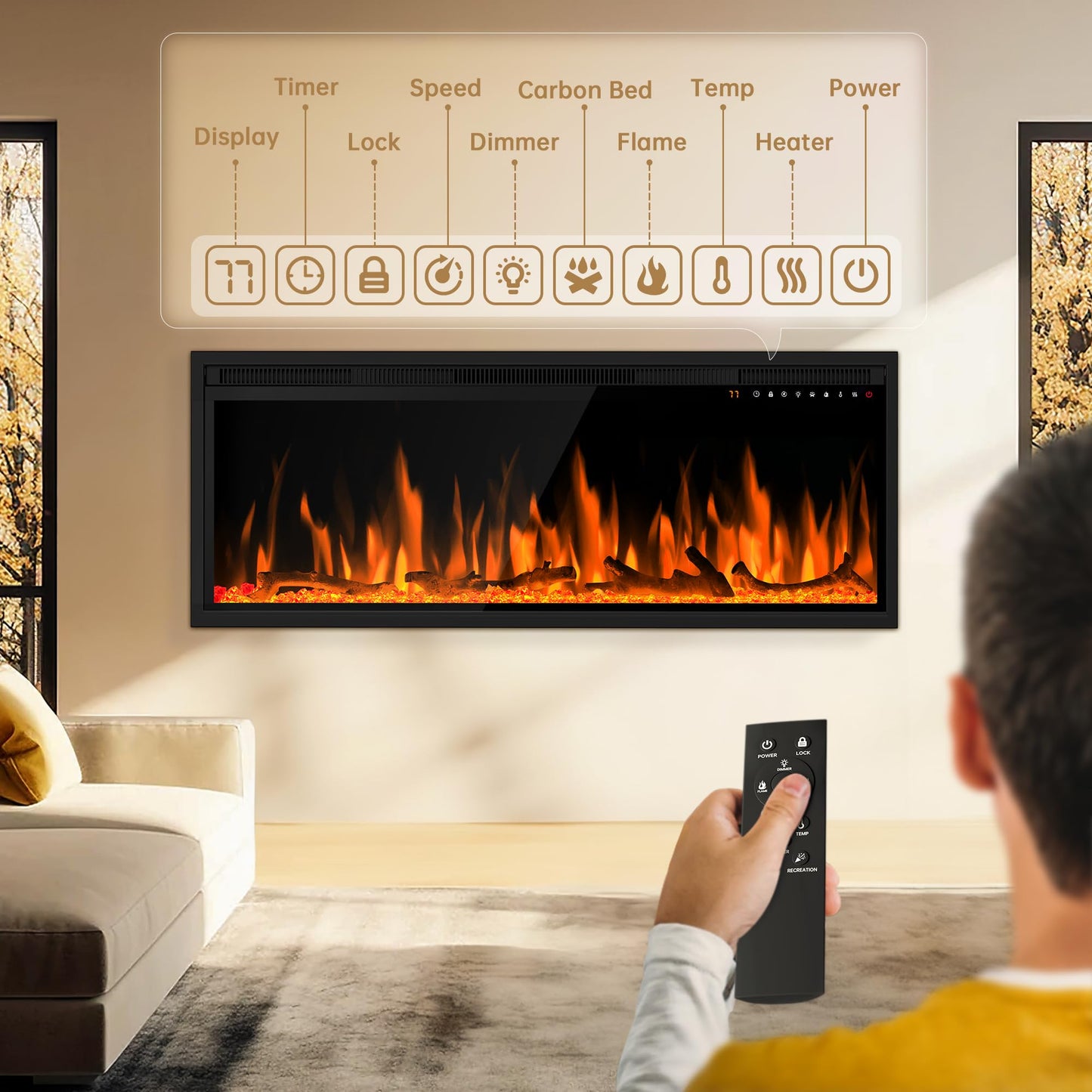 42 inch Electric Fireplace Inserts and Wall-Mounted, 750w/1500w Recessed Fire Place Heater W/Touch Screen & Remote Control, Adjustable 13 Flame Color and 5 Brightness, 12H Timer for Living Room