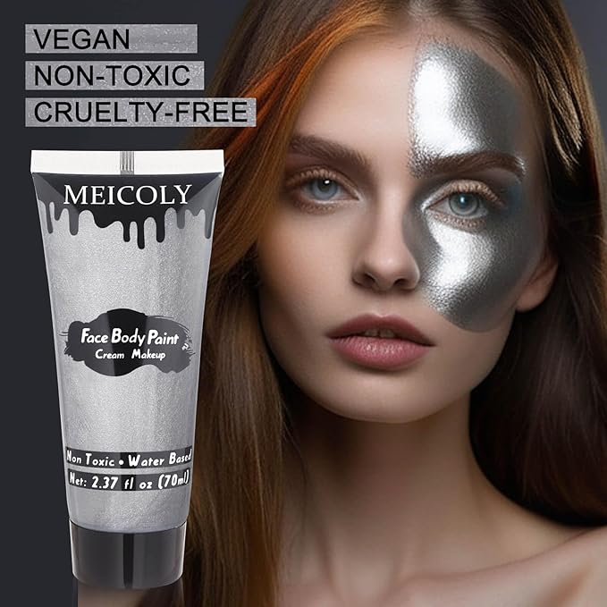 MEICOLY Metallic Silver Face Body Paint for Tin Man Makeup,2.37Oz Large Tube Water Based Full Body Paint for Adults and Kids,Pro Silver Face Paint for Halloween SFX Special Effects Cosplay Makeup