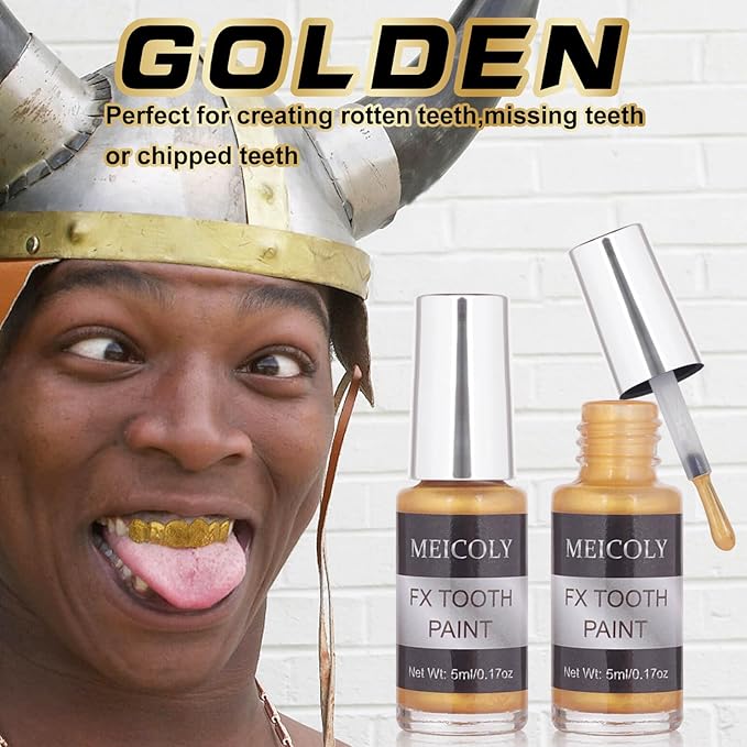MEICOLY Gold Tooth Paint,Rotten Decayed Cruddy Missing Teeth Makeup,Professional Cosplay Teeth,Temporary Teeth Paint for Halloween SFX Special Effects Makeup,Dry Fast,Safe for Mouth,Long Lasting