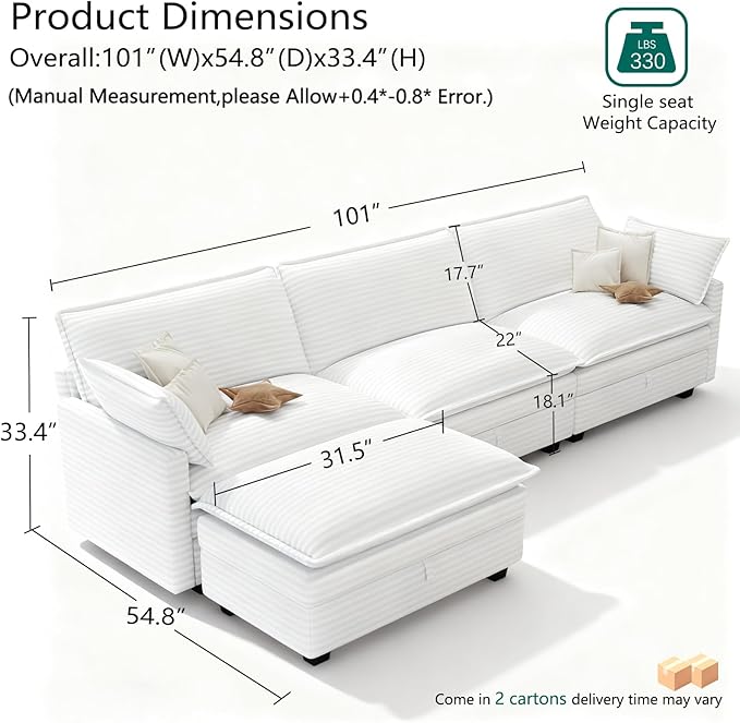 OhaiAura Modular Sectional L Shaped Sofa Couches with Storage Ottoman, Cloud Couch for Living Room, Comfy Sofa with Pillow, White