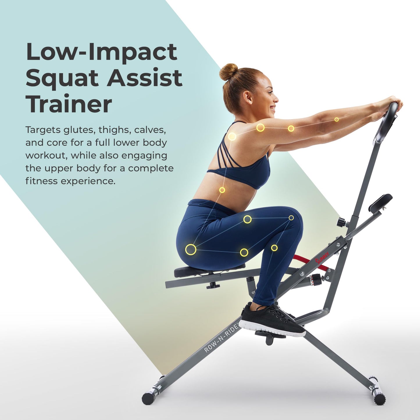 Sunny Health & Fitness Row-N-Ride Pro-Smart Squat Assist Trainer Full Body Fitness Machine, Easy Setup Rower, Glute & Leg Cardio Workout, Included SunnyFit App Connection - SF-A023053
