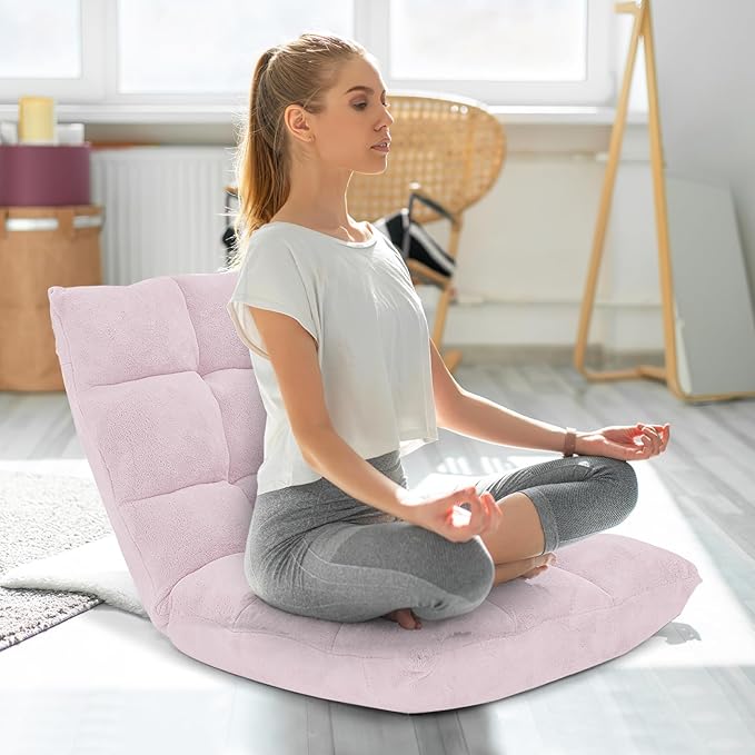 GOFLAME 14-Position Folding Floor Chair, Padded Gaming Lazy Sofa Chair with Adjustable Backrest, Couch Recliner, Sleeper Bed Lounge Chair for Reading, Gaming, Meditating (Light Pink)