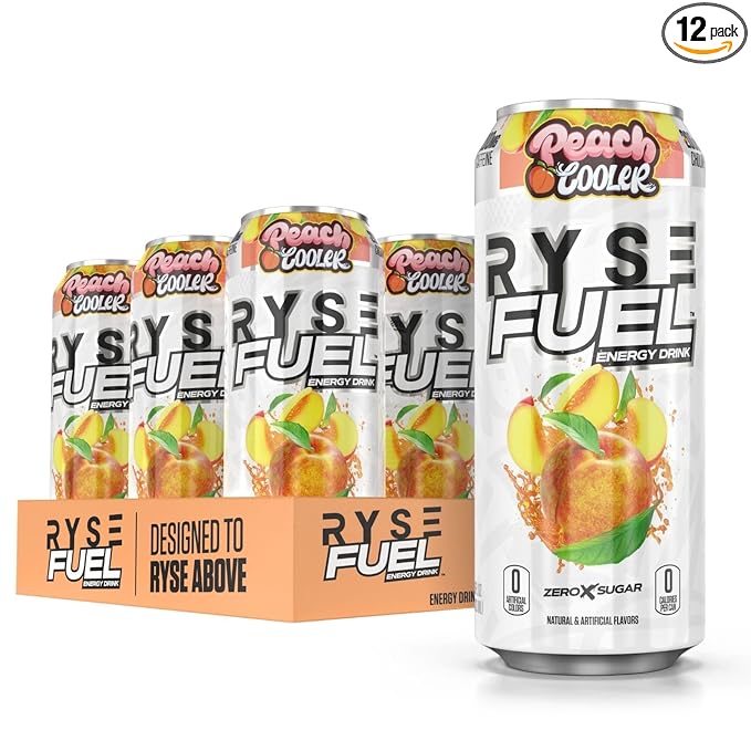 RYSE Fuel Energy Drink | On The Go Energy | 0 Sugars | 0 Calories | Vegan | 200mg Caffeine | 12 Pack (Peach Cooler)