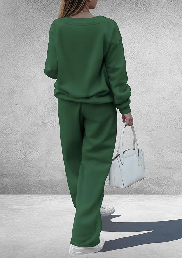 PRETTYGARDEN Casual Winter Two Piece Sets for Women 2026 V Neck Sweatshirt Loose Wide Leg Pants Tracksuit Knit Fall Outfits