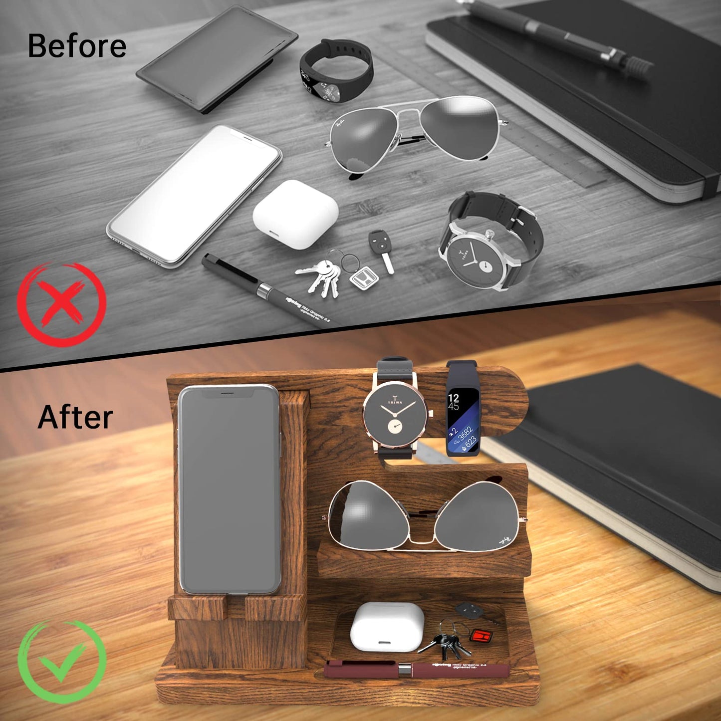 Iswabard Birthday Gifts for Men Wooden Phone Docking Station Organizer Dad Birthday Nightstand Organizer Desk Wood Gifts Valentines Day Gifts