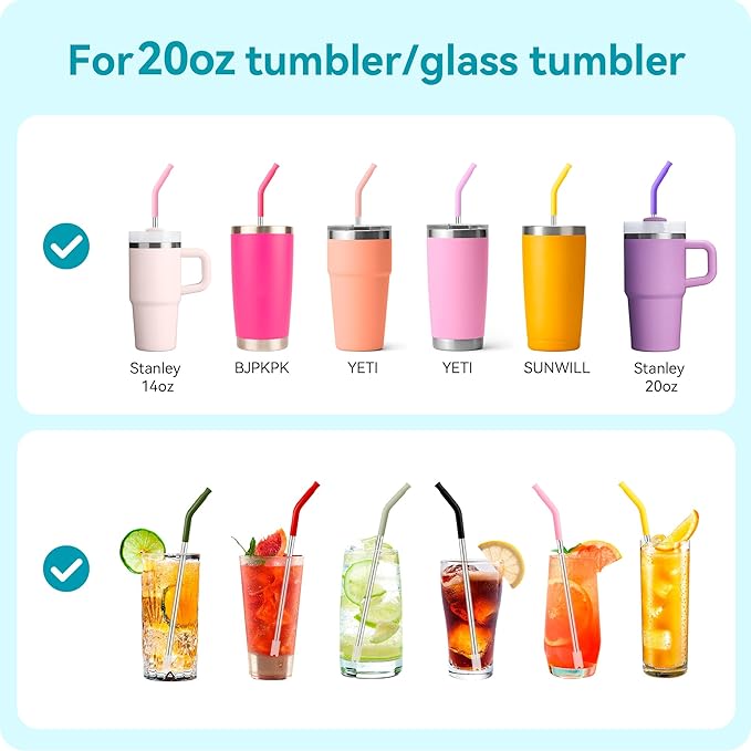 Reusable Metal Straws, 2 PACK Stainless Steel Straws with Silicone Tip for 20 oz Tumbler, Long Drinking Replacement Straw for YETI, STANLEY, US Acrylio, BJPKPK, Simple Modern and so on