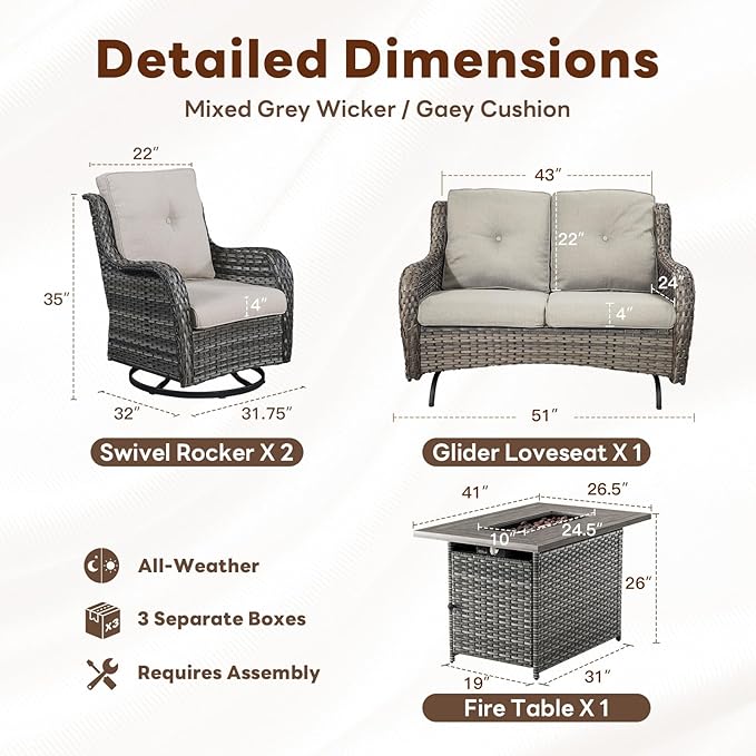 Belord 4 Piece Patio Furniture Set with Fire Pit Table - 41inch 50000 BTU Propane Fire Pit Table with High Back Loveseat Glider Chair and 2 Swivel Rocker Chair for Casual Gathering
