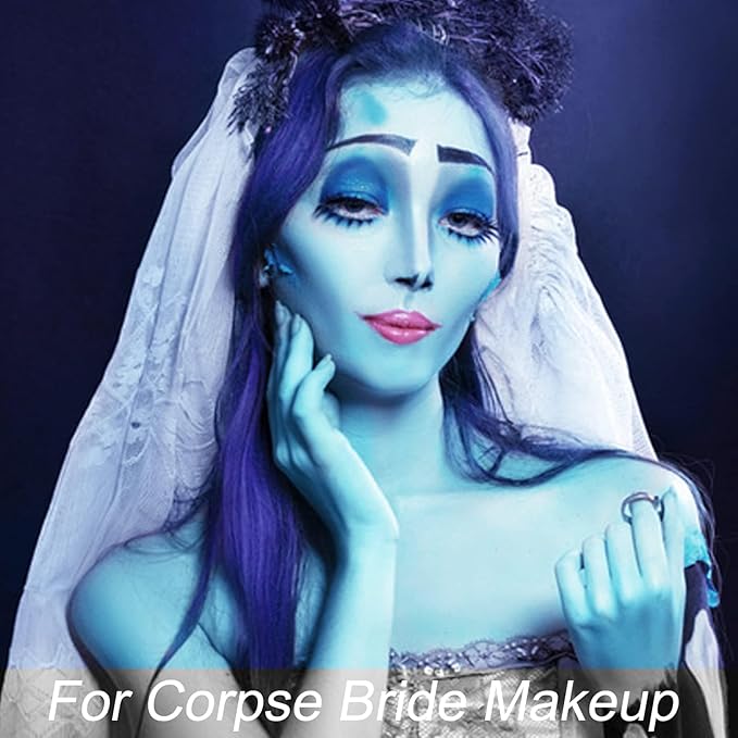 MEICOLY Sally Makeup Kit,Professional Sally Costume Corpse Bride Makeup,Light Blue Face Paint and Setting Powder Halloween Makeup Kit,Sally Face Cosplay,Liquid Eyeliner+False Eyelash+Lipstick+Sponges