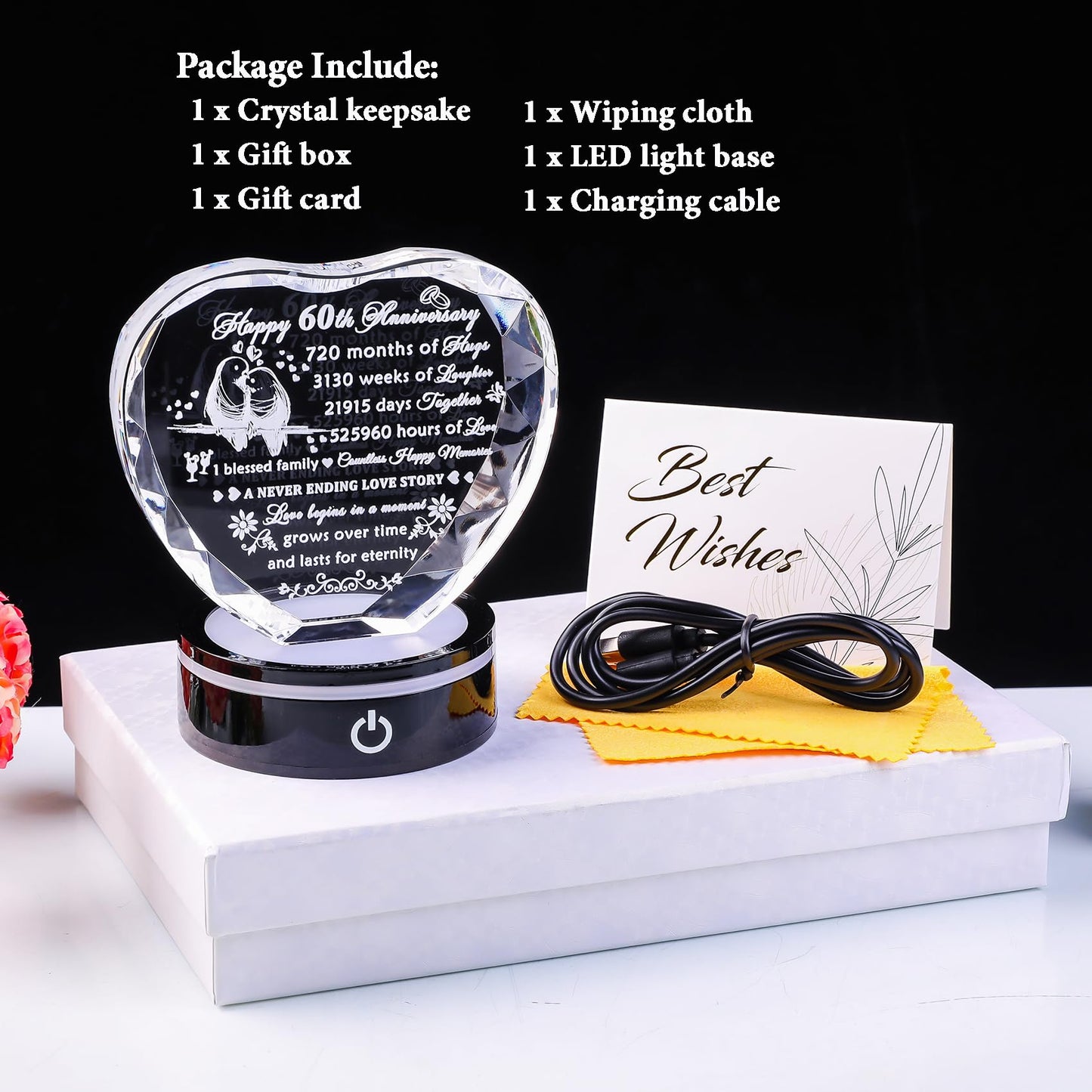 YWHL 60th Wedding Anniversary Crystal Heart Gifts for Parents Couple, Laser Engraved Romantic 60 Year Anniversary Crystal Keepsake Gifts for Wife Husband, 60 Years of Marriage Gifts for Her Him