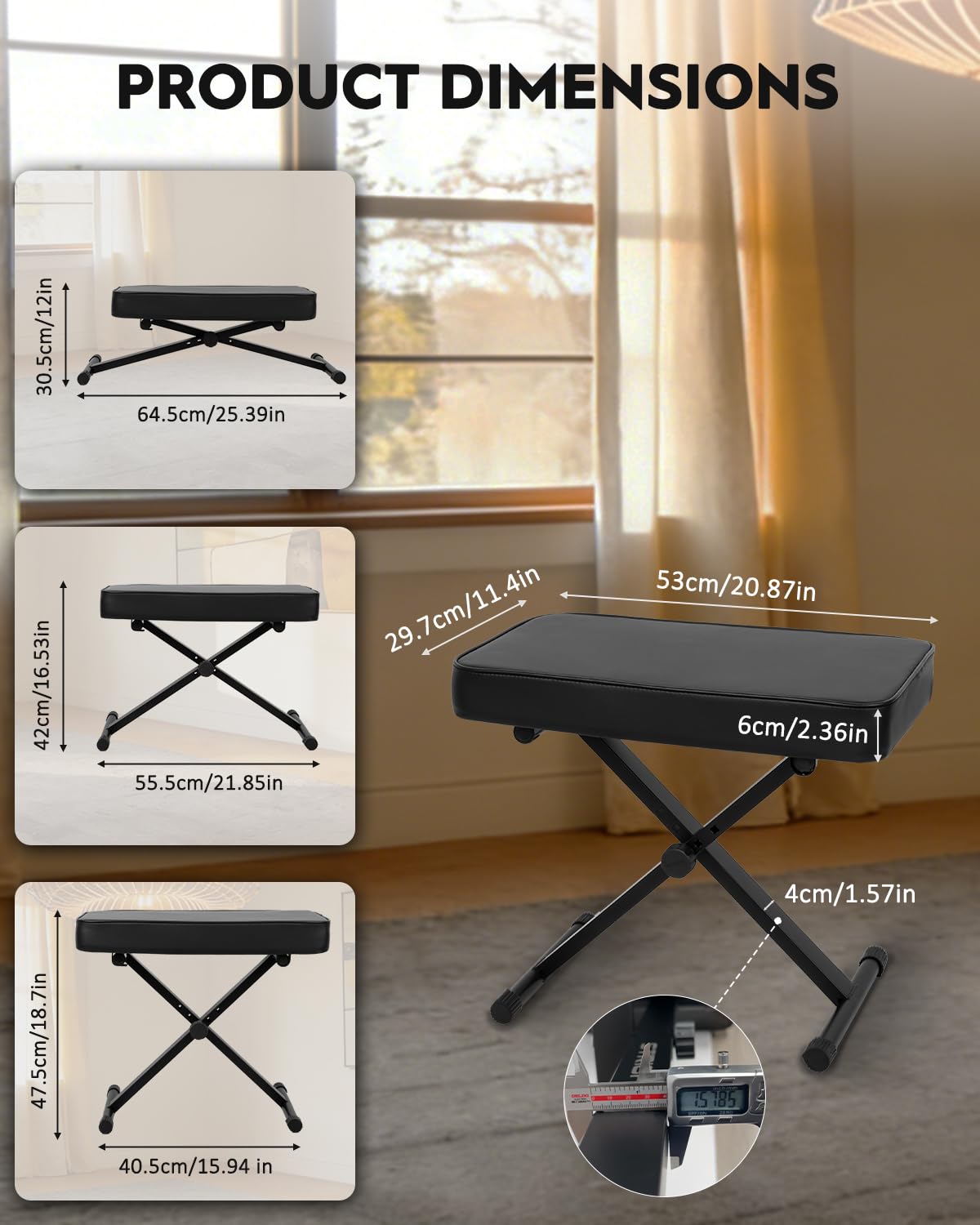 STRICH Collapsible Piano Keyboard Stand & Bench Set, Portable Digital Piano Stand for 54-88 Key Electric Pianos & X-Style Piano Bench, Music Keyboard Bench Seat, Chair, Black, SKT-01 & SPB-M10