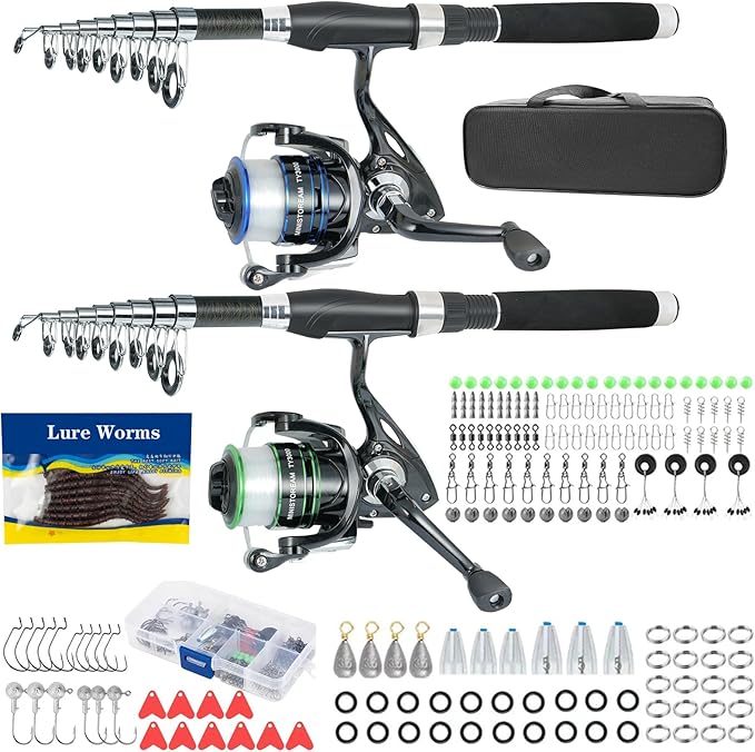 Fishing Pole Combo,2PCS 6.89ft Carbon Fiber Fishing Rods,Spinning Reels 170Pcs Worm Lure Kit Texas-Rigs-for-Bass Carrier B...