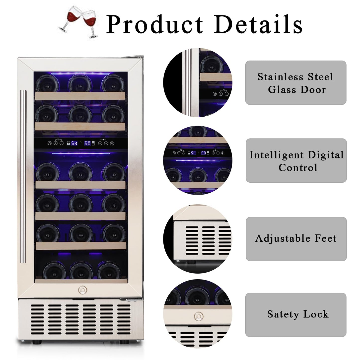 COWSAR 28 Bottle Wine Fridge, Commercial Dual Zone Beverage Refrigerator, Independent Temp, LED, Under Counter Drink Wine Cooler Chiller with Stainless Steel Frame, Double-Layer Tempered Glass Door
