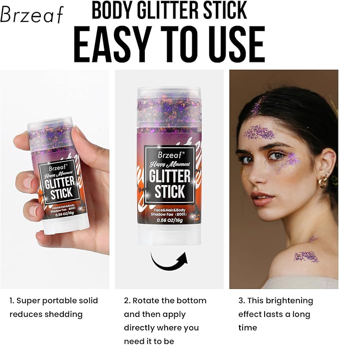 Brzeaf Waterproof Face and Body Glitter Stick, Shimmery& Long Lasting, Hair Eyeshadow Face Body Glitter, Singer Concert Music Rave Festival, Glitter Stick Makeup & Face Glitter Gel