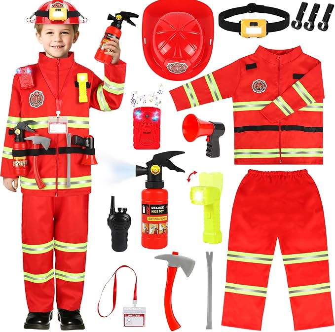 HUUIDY Firefighter Costume for Kids, Fireman Costume with Firefighter Tools, Fire Extinguisher, Helmet Light, Right Angle ...