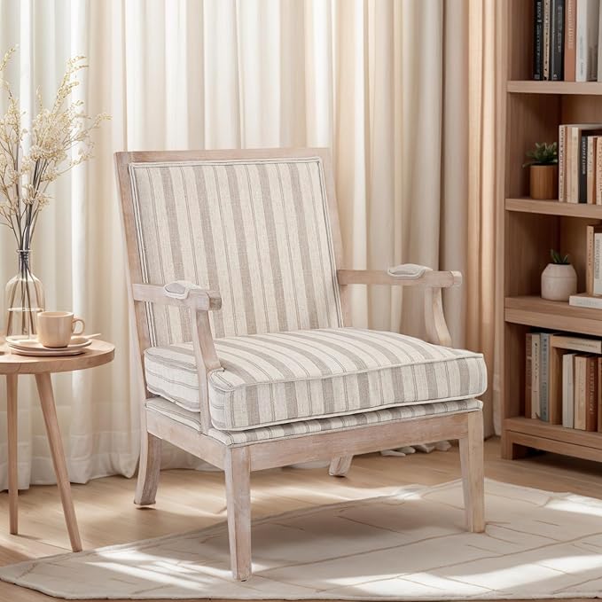 Mid Century Modern Accent Chair Set of 2, Upholstered Armchair with Solid Wood Frame & Wide Cushion Comfy Living Room Chairs Lounge Retro Reading Chair for Bedroom, Guest Room, Balcony, Khaki stripe