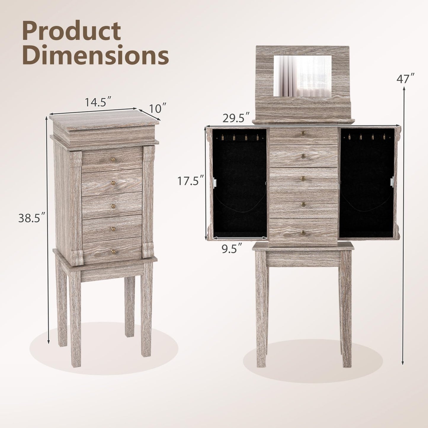 CHARMAID Gray Cabinet, 5 Drawers Jewelry Armoire with Mirror, Swing Doors, Necklace Hooks, Standing Organizer, Large