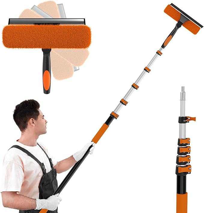 20FT Reach Window Squeegee with Extension Pole, 2-in-1 Professional Window Washing Kit for Home, Indoor Outdoor Squeegee with Rotatable Head for High Windows