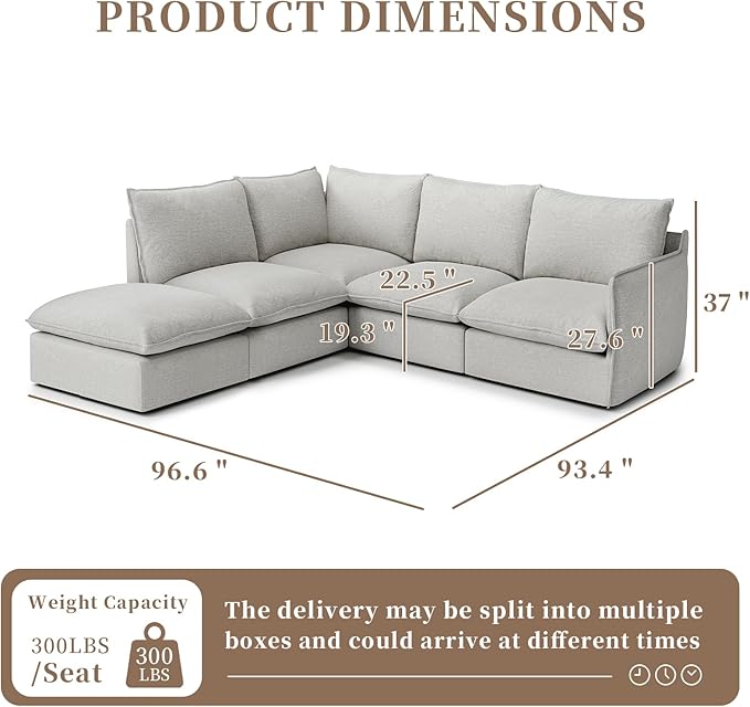 Gtilzria Waterproof Cloud Sectional Sofa for Living Room,High Backrest Down Filled Couches,5 Seater Oversized Modular V-Shaped Sofa,Detachable Couch Covers,Light Grey