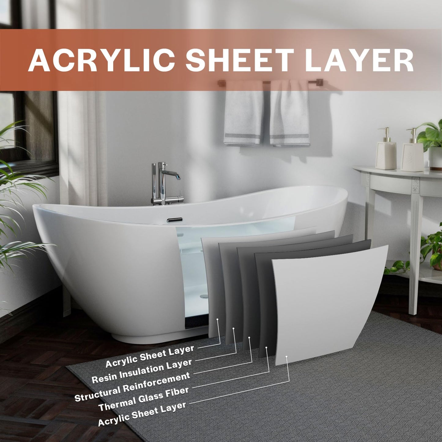 Empava 69" Freestanding Tub, Acrylic Contemporary Soaking White Tub with Drain and Overflow