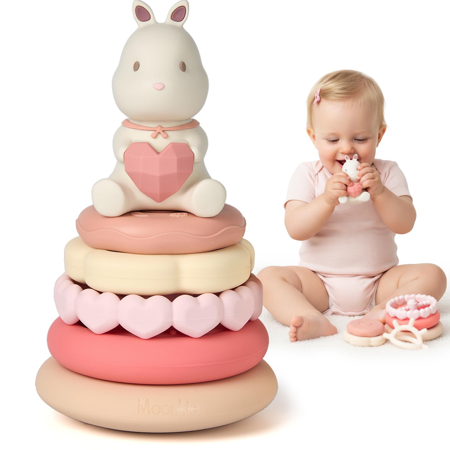 Moonkie Bunny Baby Stacking Toys | 7-Piece Silicone Rings for Teething Relief | Educational Toy for Infants & Toddlers 6 Months+ | Baby Girl Essentials