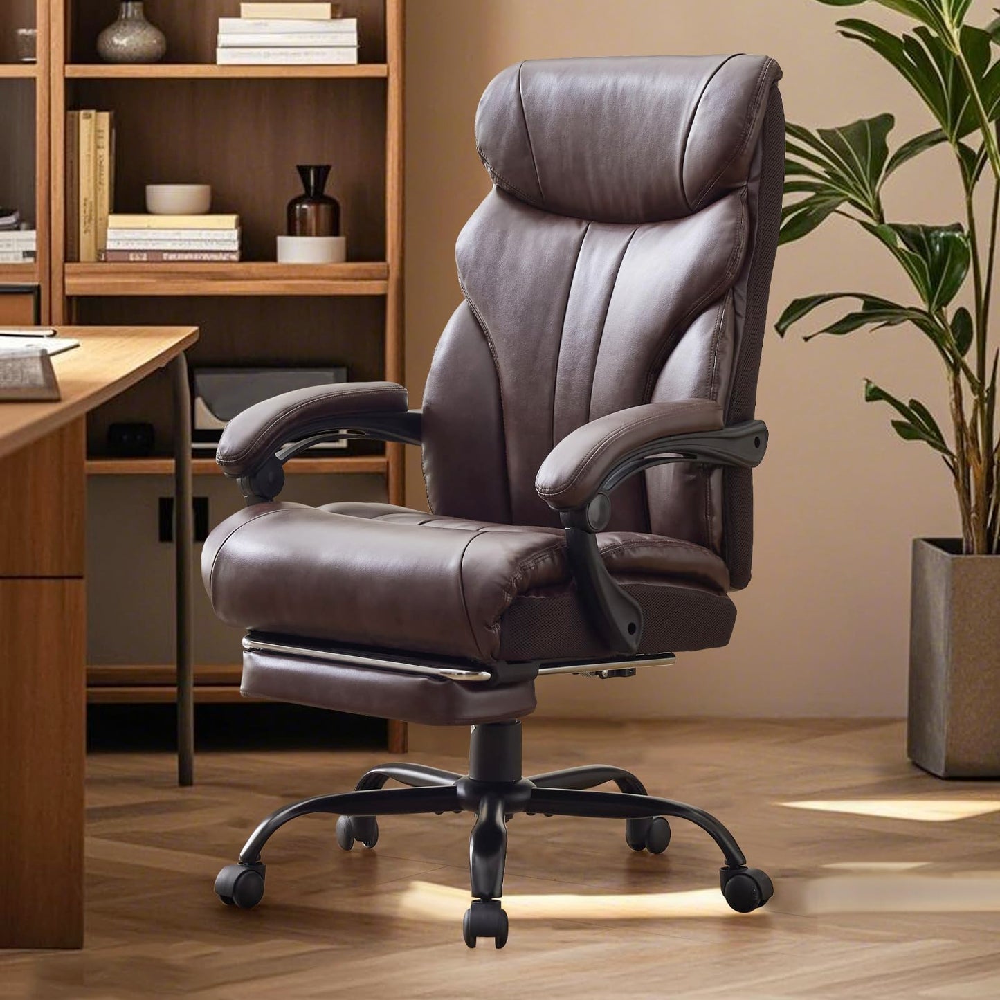 GarveeHome Big and Tall Office Chairs with Foot Rest,500LBS Wide Ergonomic Gaming Chair,90-155°Recline Executive Leather Computer Chairs with Adjustable Height,Chocolate
