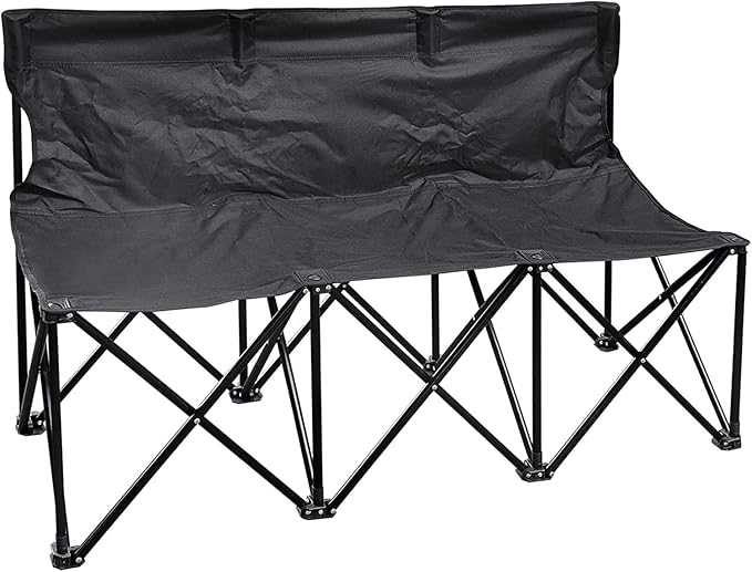 YardGrow 3 Seater Portable Folding Team Sports Sideline Bench Chairs for Camping Outdoor Waterproof (Black)