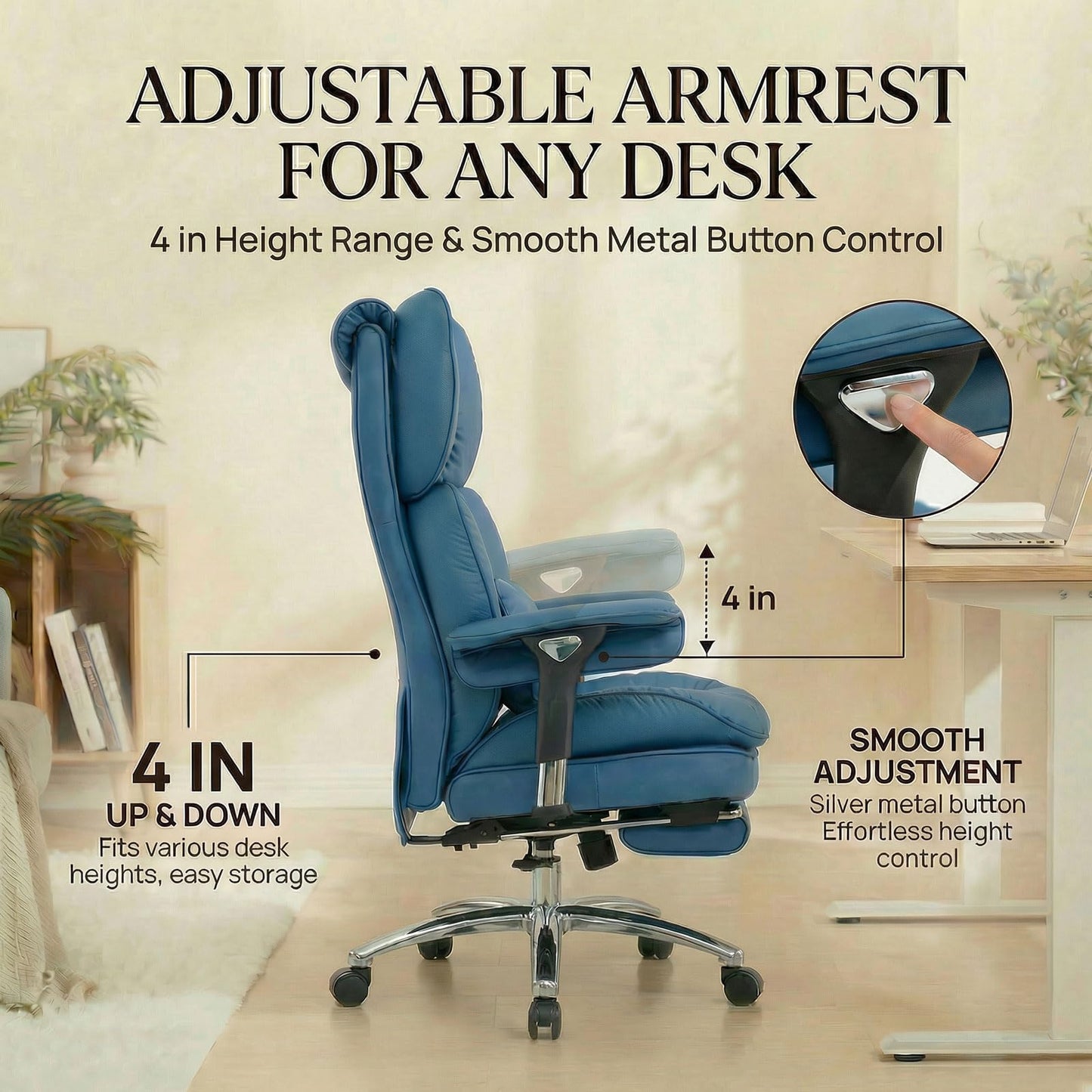 Efomao Big & Tall Executive Office Chair with Footrest - 400lbs Heavy Duty High Back PU Leather Desk Chair, Modern Ergonomic Reclining Computer Chair, Blue