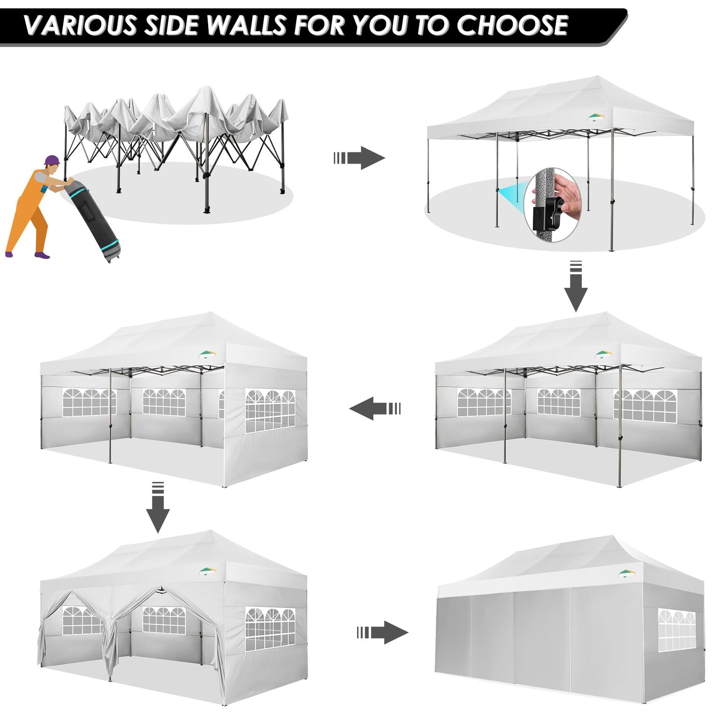 COBIZI 10x20 Heavy Duty Pop up Canopy Tent with 6 sidewalls Easy Up Commercial Outdoor Wedding Party Tents for Parties All Season Wind & Waterproof Gazebo Roller Bag,White(Frame Thickened)