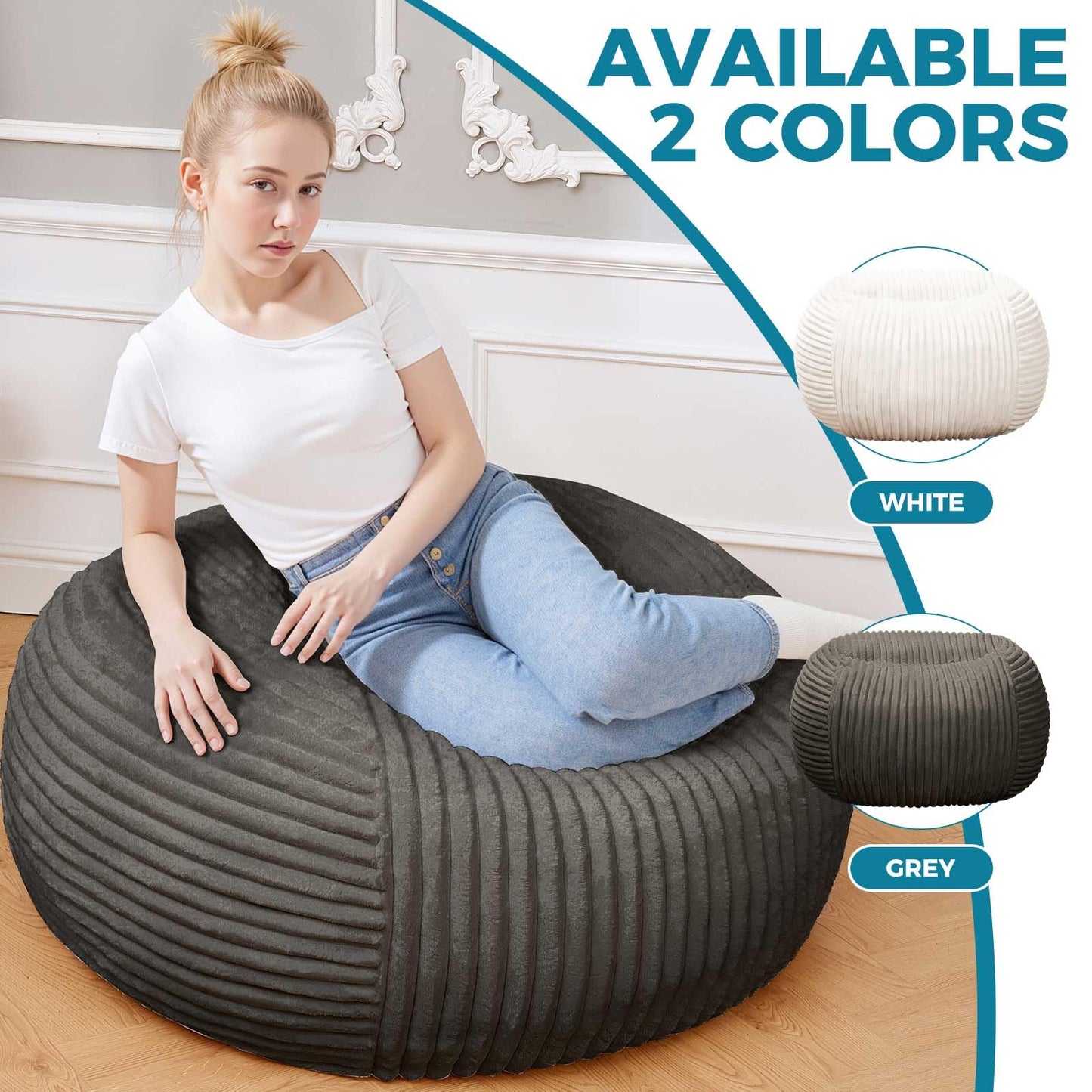 Bean Bag Chairs for Adults，Bean Bag Chair with Filler Included，Detachable and Washable Flannel Cover, Round Fluffy Sofa Chair Filled with Memory Foam, Suitable for Gaming, Bedroom (Grey)