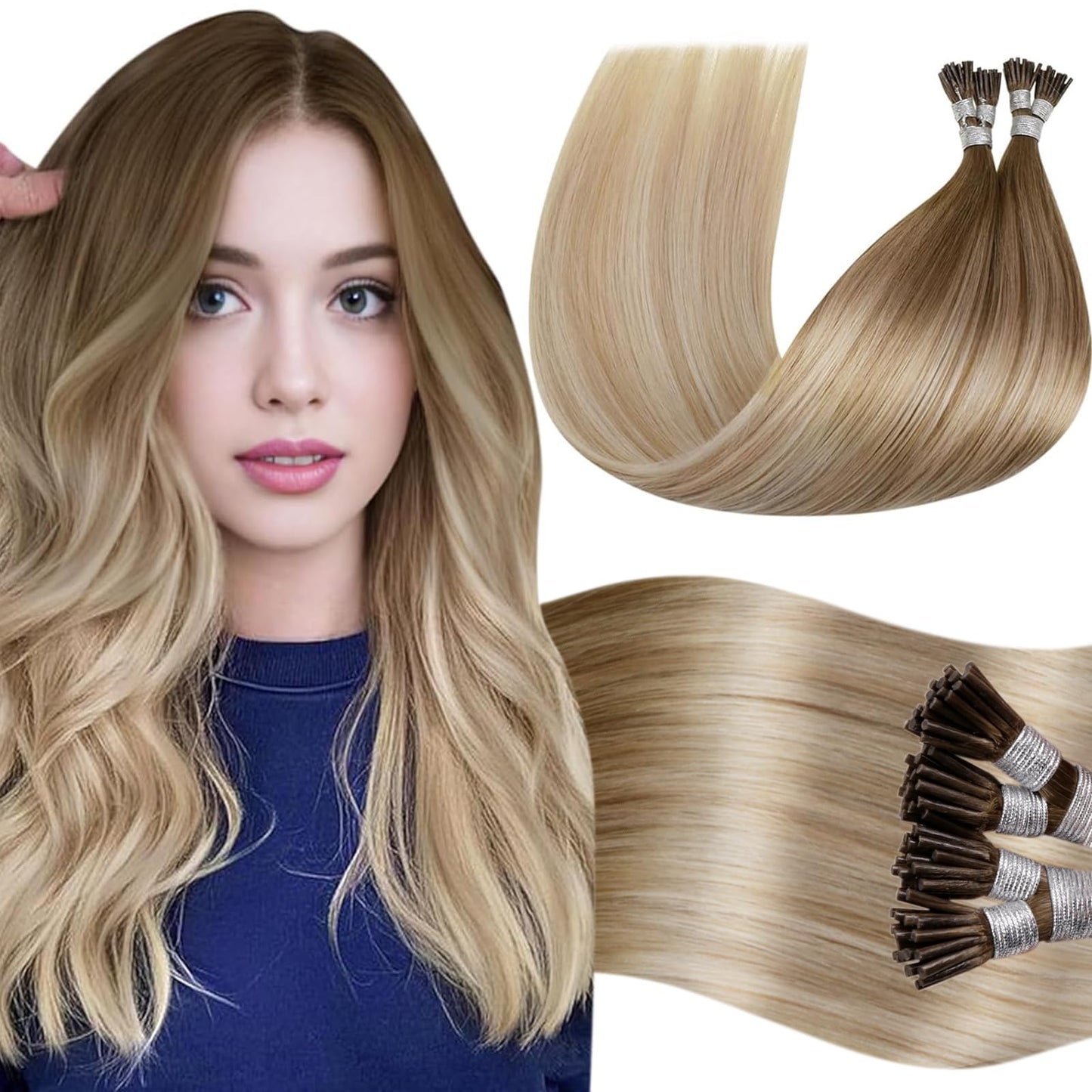 LaaVoo Itip Human Hair Extensions Balayage Blonde Itip Hair Extensions Real Human Hair Balayage Brown to Ash Blonde with Platinu