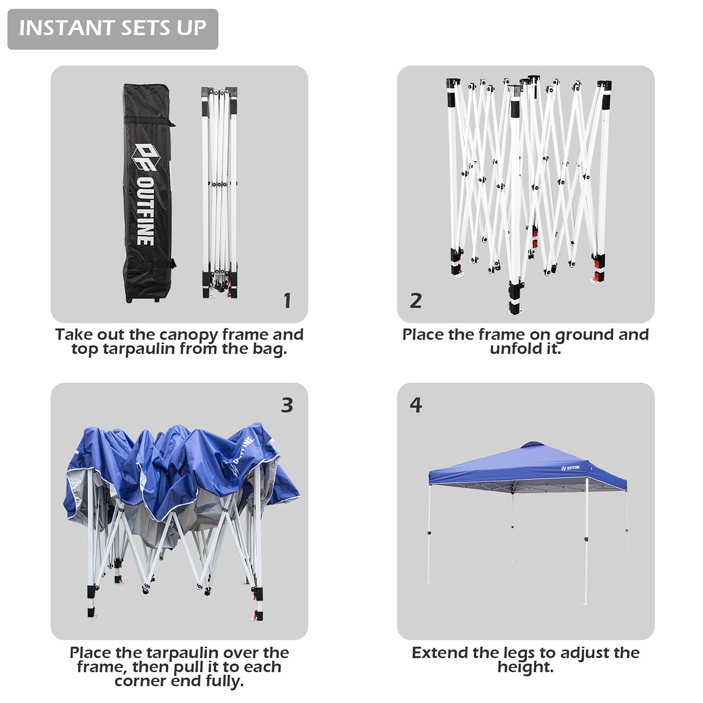 OUTFINE Pop-up Canopy 10x10 Patio Tent Instant Gazebo Canopy with Wheeled Bag,Canopy Sandbags x4,Tent Stakesx8 (Blue, 10 * 10FT)