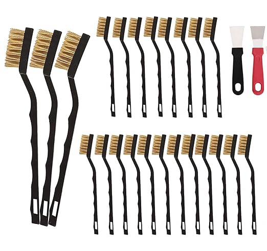 Mini Wire Brush Pure Brass Copper Wire Brush Set, Curved Handle Masonry Brush Wire Brush for Cleaning Welding Slag and Rust （Brass 20 Pcs）