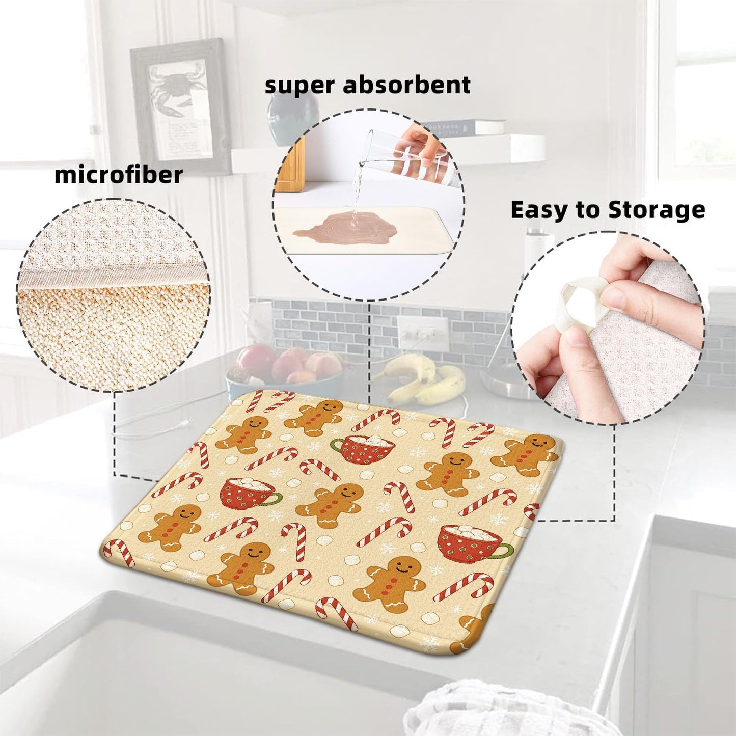 Christmas Drying Mat for Kitchen Counter 16" X 18" Gingerbread Dish Drying Mat for Kitchen Decor Xmas Drying Mats For Home Counter Drying Mats For Dishes Dish Mat Drying Mat