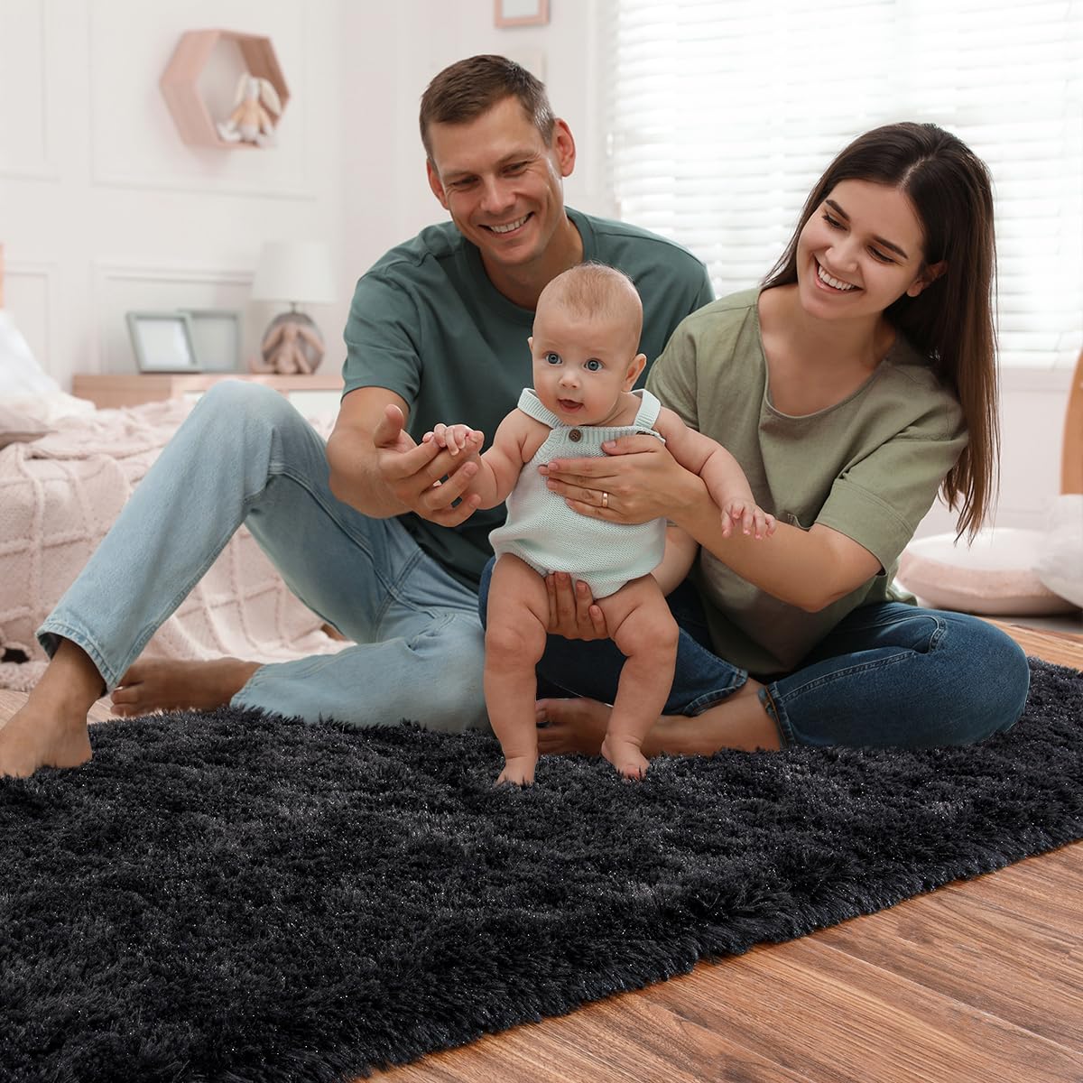 ST. BRIDGE Black Runner Rug for Bedroom 2x6 Feet, Fluffy Shag Area Rugs for Living Room Nursery, Fuzzy Furry Bedside Rug for Girls Kids Baby Room, Modern Indoor Comfy Plush Carpet Decor