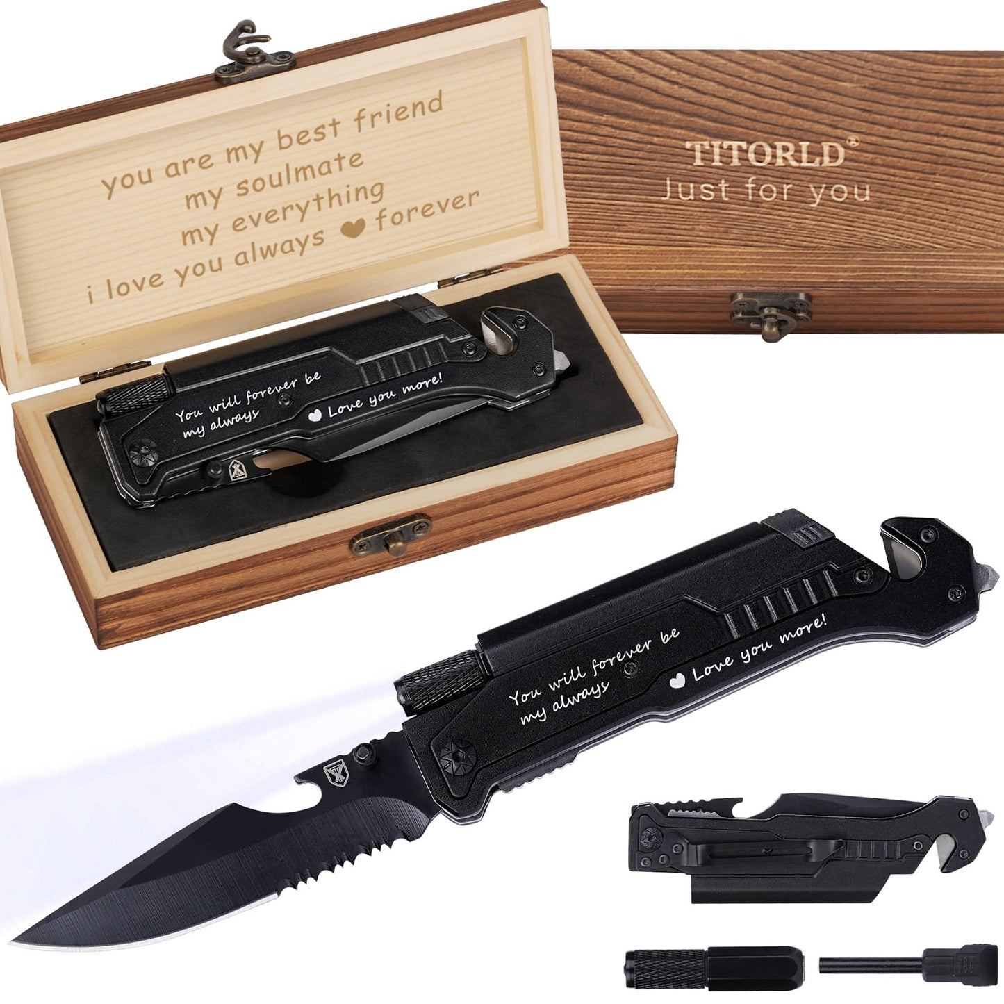 Gifts for Him Men, Christmas Anniversary Birthday Gifts for Boyfriend Husband, Stocking Stuffers for Him, Engraved Pocket Knife, Camping Hiking Multitool Knife Present, Folding Knives with Wood Box