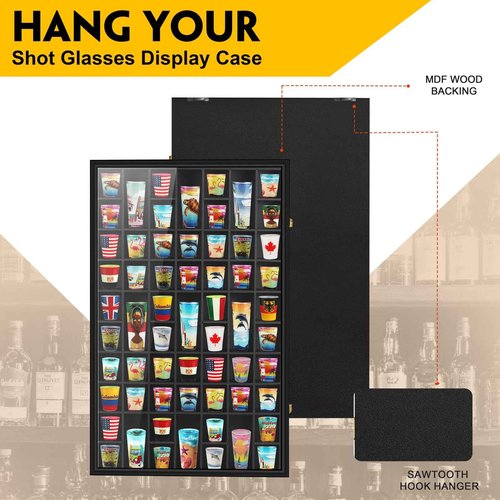 Black Shot Glass Display Case Large 61 Slots Glass Display Holder Wall Mounted Storage Shadow Box with UV Protection Acrylic Glass Door for Room Decor