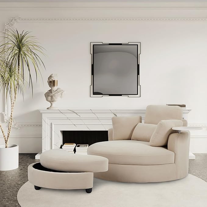 Yoglad Oversized Round Swivel Accent Chair - 360 Degree Chairs with Ottoman Armrest Tray Ideal for Living Room, Bedroom(Corduroy Beige)