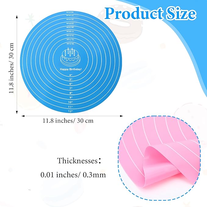 3Pcs Silicone Baking Mat Round Cake Turntable Mat with Measurements Reusable Silicone Baking Mats Non Stick Heat Resistant Pastry Bake Sheet for Pizza Pan Rolling Dough Pastry