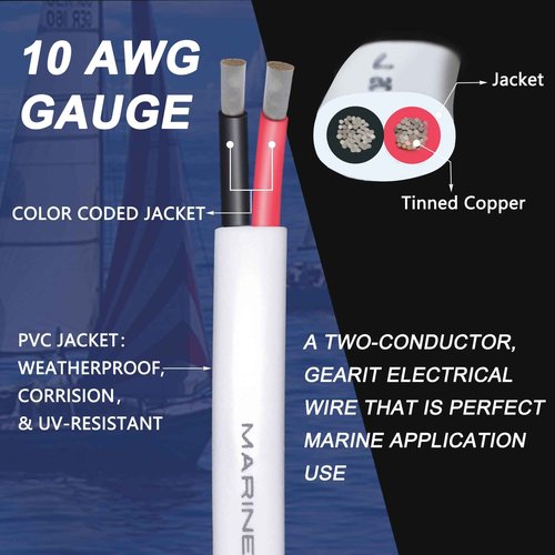 10 Gauge Duplex Marine Wire Tinned Copper Boat Cable, 100ft 10 AWG Standard USA OFC Oxygen Free Copper Wire for Outdoors/Automotive/Boat/Speakers/Solar/RV/Camper/Trailer