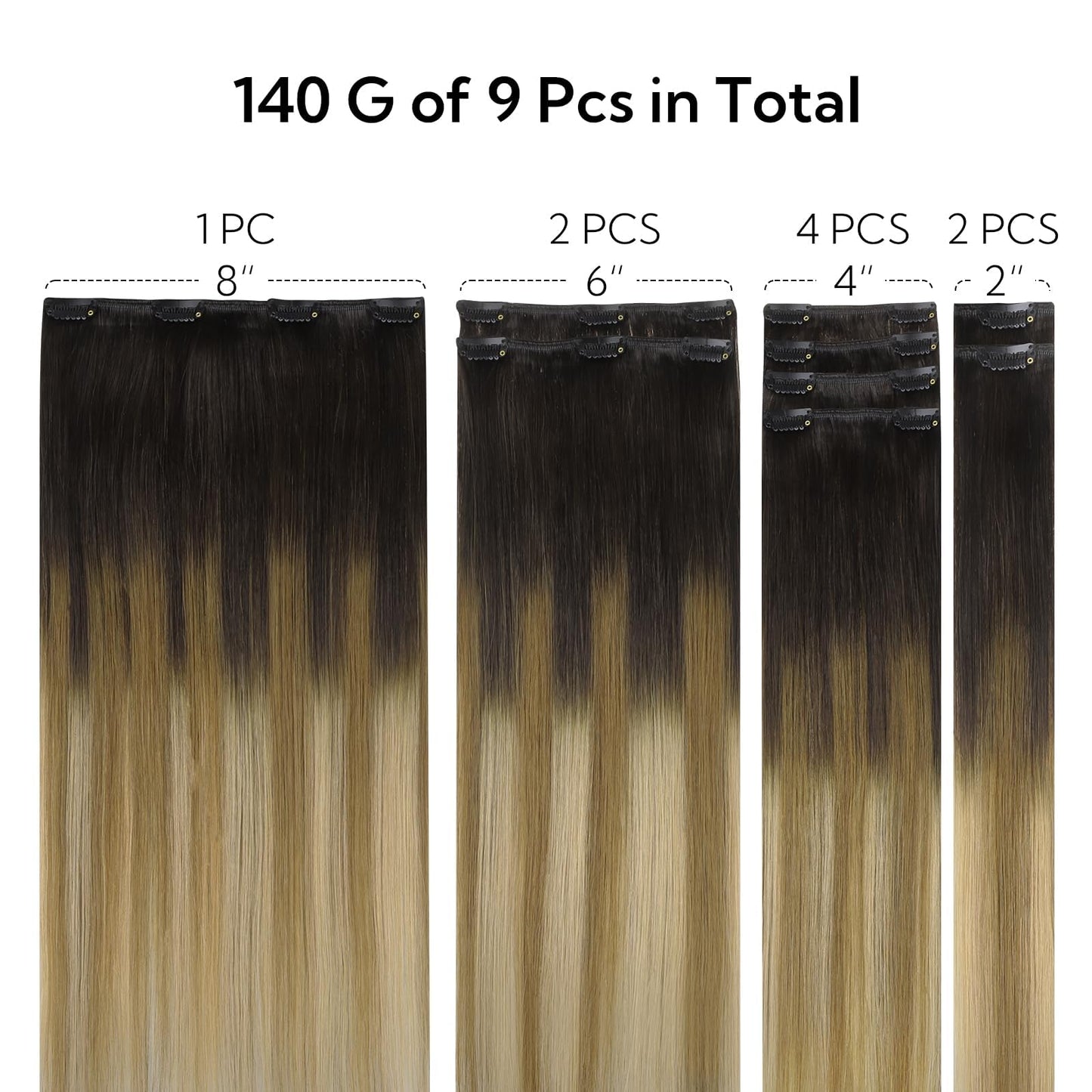 HOTBANANA Clip in Hair Extensions Real Human Hair, 135g 9pcs 14 inch Balayage Ombre Brown to Dirty Blonde Straight Remy Clip in