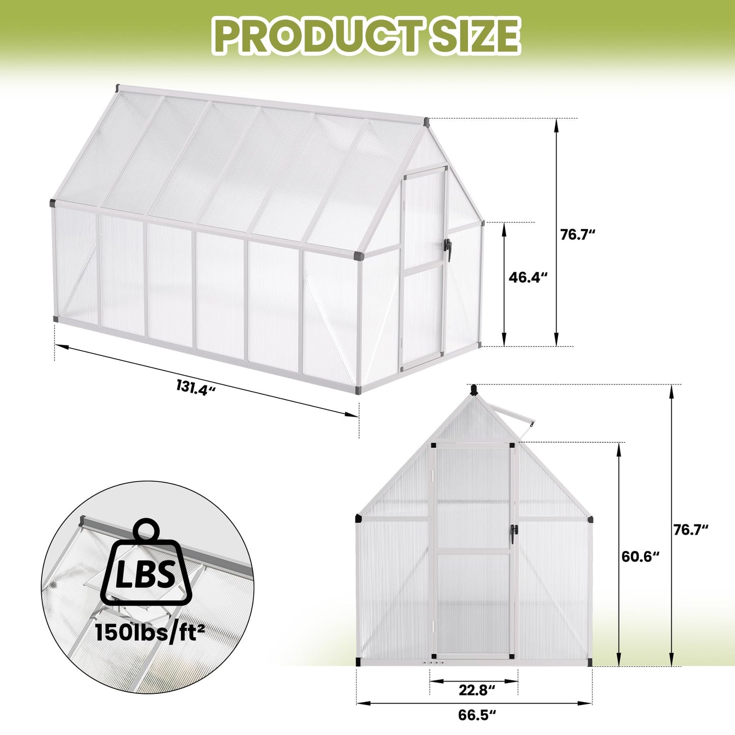 IDEALHOUSE 6x11 FT Outdoor Greenhouse with Windproof Aluminum Frame, Polycarbonate Greenhouse, Lockable Door and Ajustable Roof Vent, Aluminum Walk-in Greenhouses, for Backyard, Lawn