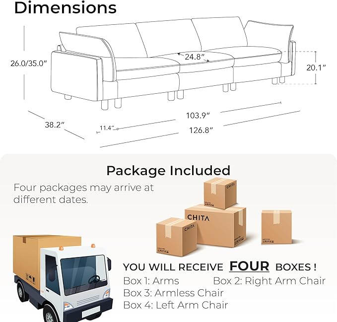 CHITA 127" Super Large Sectional Couches for Living Room, Modular Cloud Couch Sectional Sofa, Premium Genuine Leather Sofa, Down Filled, High Density Foam, Real Leather in Saddle, 3 Seater