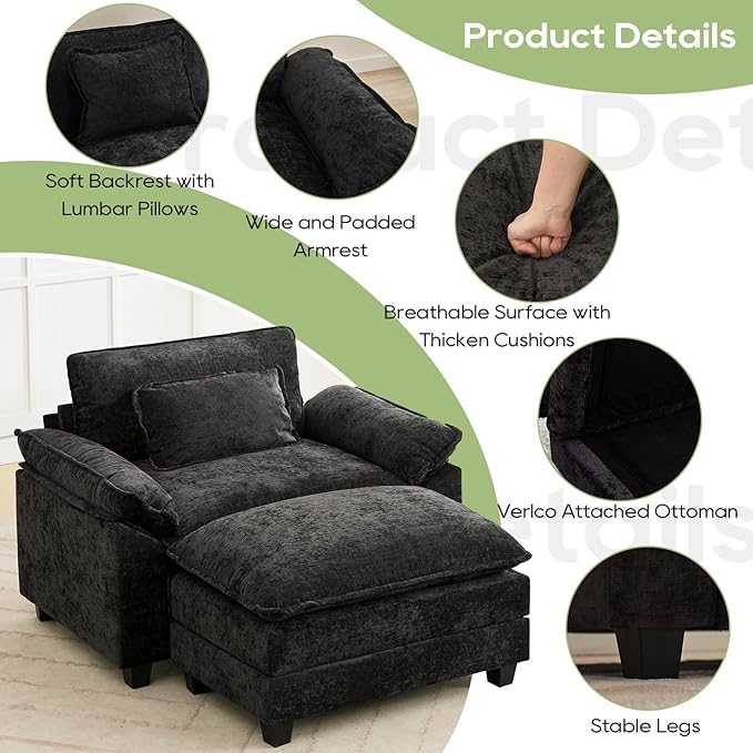 Oprisen 53" Modular Sectional Sofa, Comfy Cloud Couch Sectional Sofa with Ottoman, Chenille Sofa Sleeper Deep Seat Sofa with Throw Pillows for Living Room (Black)