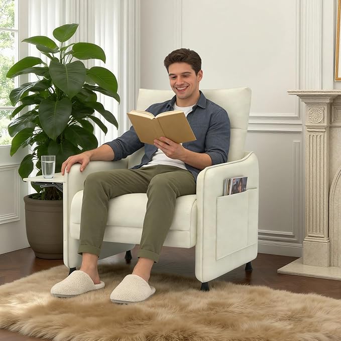 Tbillionnext Upholstered Accent Sofas Set of 2, Modern Faux Leather Sofa Chairs with Hidden Foldable Tray & Side Pocket, Rear Contour Arm Design, Small Accent Sofas for Living Room, Beige