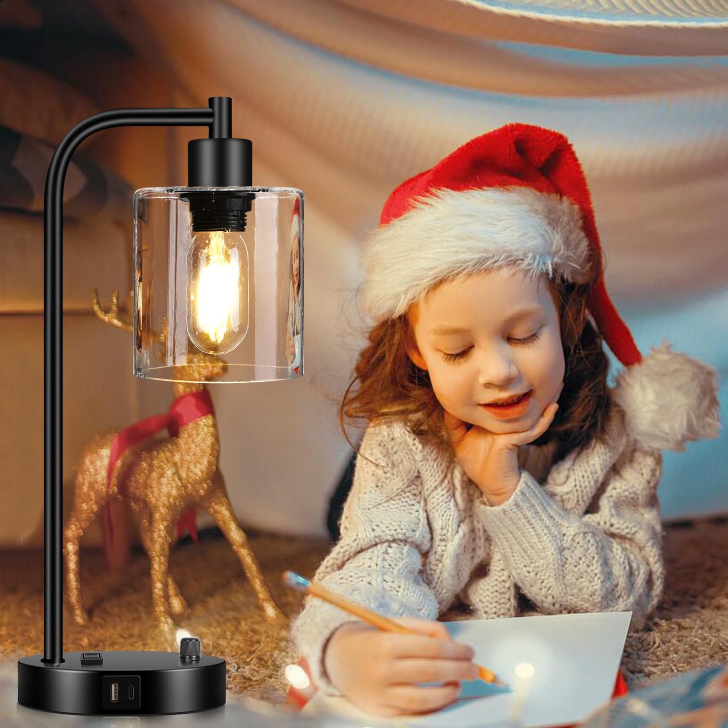 Set of 2 Industrial Table Lamps with USB Port, Fully Stepless Dimmable Bedside Lamps for Bedrooms, Nightstand Desk Lamp with Clear Glass Shade for Reading Living Room Office 2 LED Bulb Included