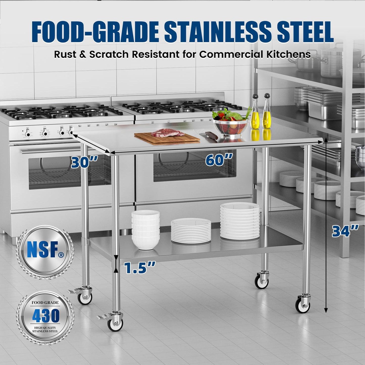 Chingoo Stainless Steel Work Table with Wheels, 30x60 Inch NSF Food Prep Table with Backsplash & Adjustable Undershelf for Commercial Kitchen, Restaurant, Garage